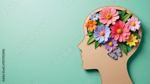 Vector illustration of human head with colorful flowers