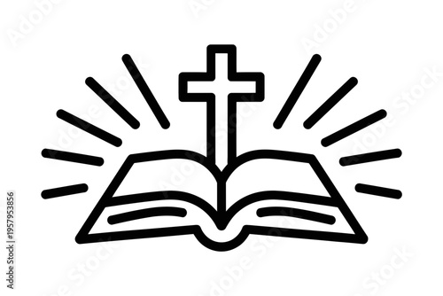 A minimalist vector illustration of an open Bible with a cross and radiant lines symbolizing faith and spirituality