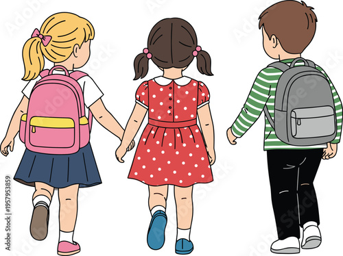 School Kids Walking Together Vector Illustration with Backpack Children Friendship