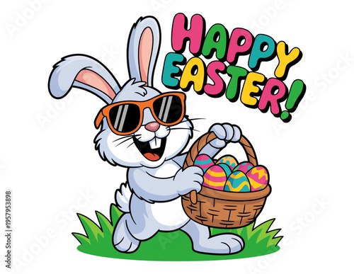 A cartoon Easter bunny wearing sunglasses and holding a basket of colorful eggs with a Happy Easter message