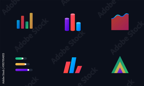 A collection of colorful and stylized modern data visualization icons on a dark background theme