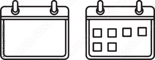 Two black and white line art vector icons representing a blank calendar and a scheduled calendar
