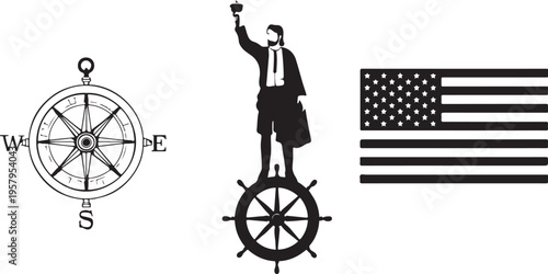 A minimalist black and white graphic featuring a nautical compass, a sailor, and an american flag