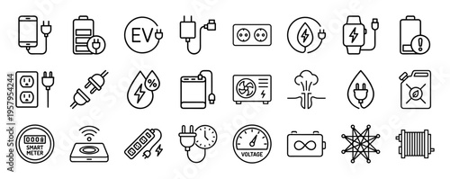 Electric Vehicle Charging and Renewable Energy Infrastructure Minimalist Monoline Outline Symbols for Sustainable Tech Interfaces