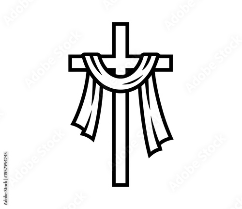 A minimalist vector graphic illustration of a Christian cross with a draped cloth