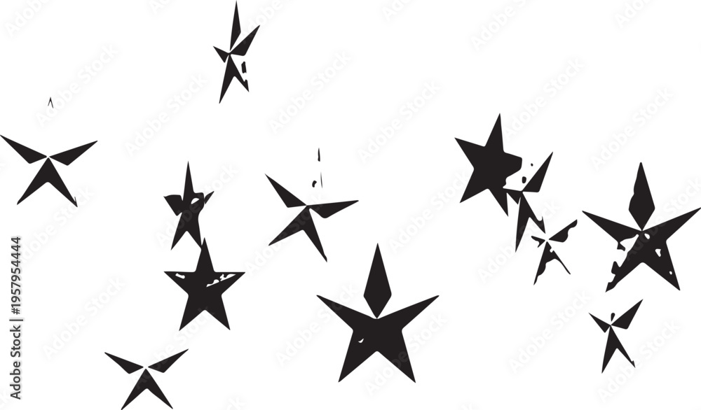 Fototapeta premium A collection of scattered black star shapes with a distressed grunge texture on white background