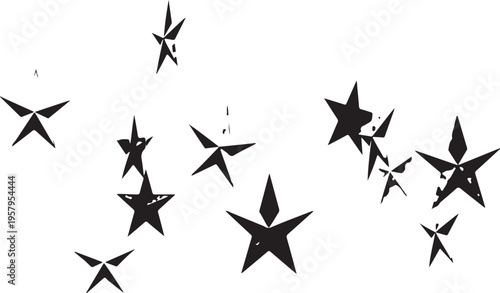 A collection of scattered black star shapes with a distressed grunge texture on white background