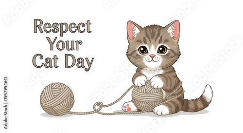 Illustration of a cute brown tabby cat playing with yarn on Respect Your Cat Day, promoting feline appreciation and pet care awareness with a heartwarming and playful mood.