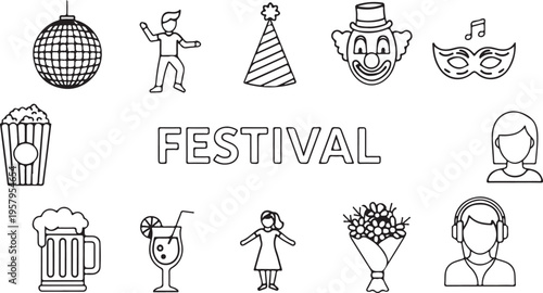 A collection of black and white line art icons representing a festive celebration and party theme