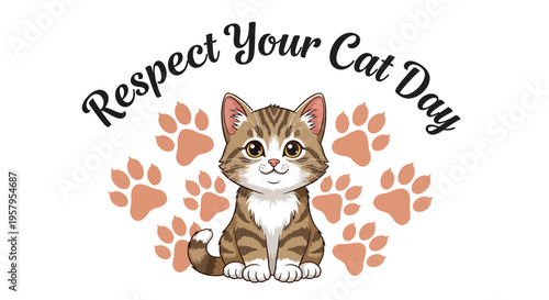Illustration of a cute cat surrounded by paw prints on Respect Your Cat Day with a playful design.