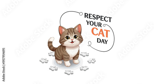 Illustration of a cute cat with a speech bubble promoting Respect Your Cat Day on a clean white background.