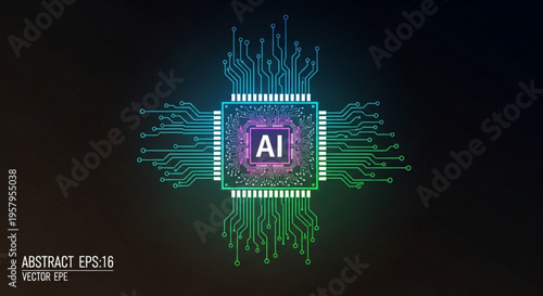 Glowing purple and green ai microchip with circuit board on dark background symbolizing artificial intelligence and technology
