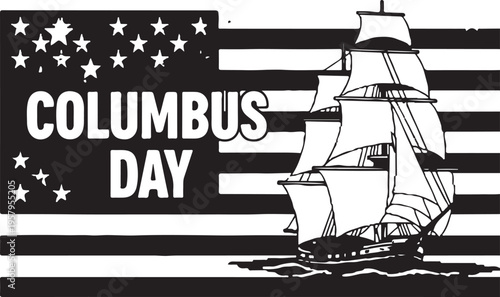 A black and white graphic illustration featuring a historical sailing ship and the american flag