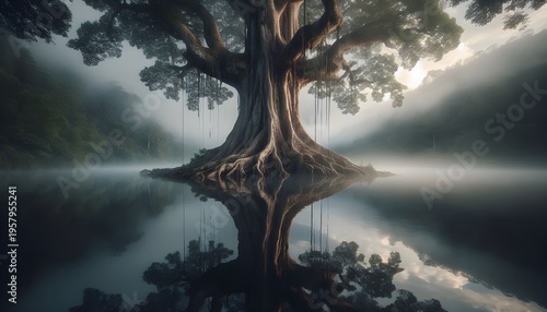 Giant ancient tree with hanging roots stands in misty water creating a mysterious natural reflection scene.