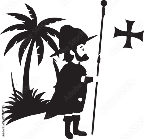A black and white silhouette illustration featuring a bearded explorer standing near a palm tree
