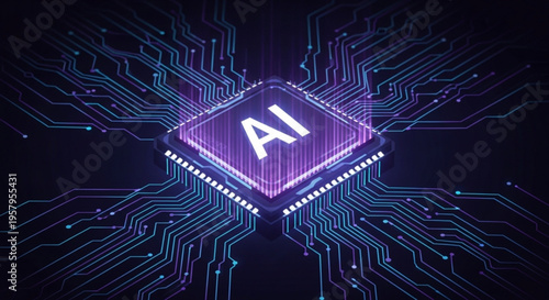 Artificial intelligence ai chip with glowing purple circuit board technology background