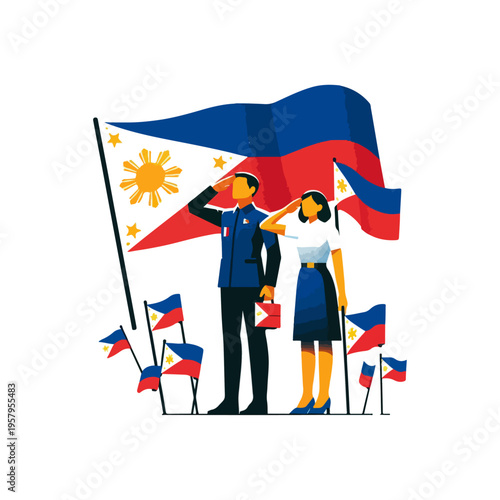 Foto Araw ng Kagitingan Flat Illustration with Two People Saluting with Flags