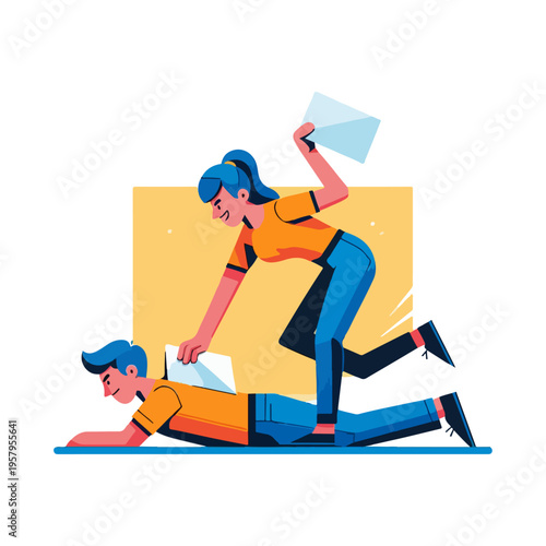 Flat Vector Illustration of Two People Playing a Prank with Paper Sign
