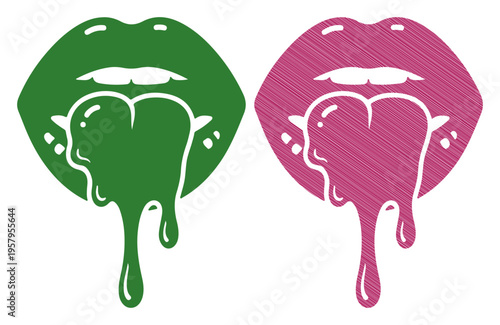 Vibrant graphic of stylized lips with dripping liquid in contrasting colors.