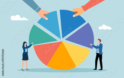 Businesspeople holding pie chart diagram parts. Business data and market share concept. Private equity.