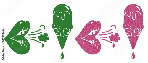 Playful lips blowing abstract clouds towards melting ice cream cones