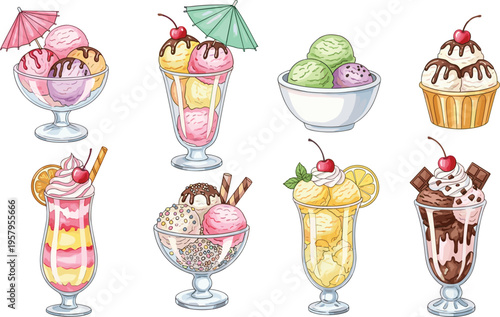 Ice cream sundae vector set. Cartoon dessert collection with glass bowls, cocktail umbrellas, cherries, and chocolate syrup. Sweet summer treats for cafe menus.