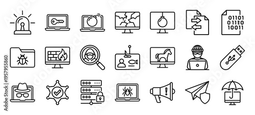 Cyber Crime Prevention and Network Security Minimalist Monoline Outline Icons for Digital Forensics and Data Protection UI Design
