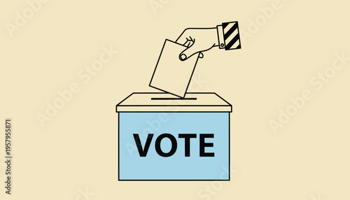Hand putting ballot paper into light blue vote box vector illustration on beige background