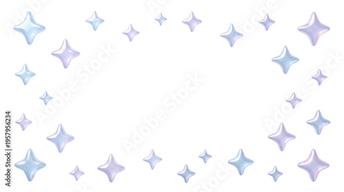 キラキラと輝く水色と紫色の星のフレーム素材、透明感のある光沢が魅力的な背景デザイン