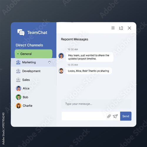 Digital chat interface displays direct channels and recent messages from team members