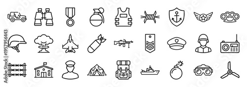Tactile Military Operations and Defense Logistics Symbols in Minimalist Monoline Aesthetic for Tactical Interface and Security Systems.