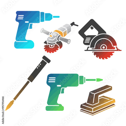 Colorful vector icons set of essential power tools for construction, DIY, and home improvement, featuring drill, saw, grinder, and sander.