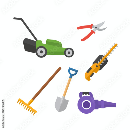 Collection of essential gardening and yard work tools including a lawn mower, hedge trimmer, shovel, rake, pruning shears, and leaf blower.
