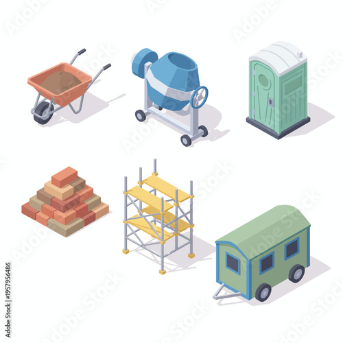 Isometric construction site elements set. Building tools, equipment, materials, and temporary structures collection on white background.