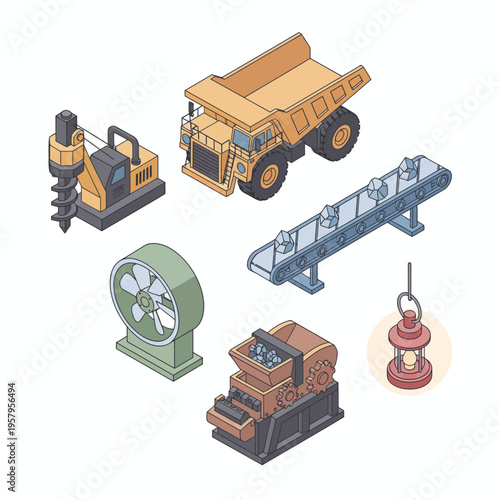 Isometric Mining Equipment Vector Illustration Set. Industrial Machinery Icons: Heavy Dump Truck, Drill Rig, Crusher, Conveyor, Ventilation Fan, Lantern.