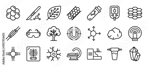 Nanotechnology and Molecular Engineering Minimalist Monoline Icon Set featuring Geometric Line Art for Science and Biotech Research.