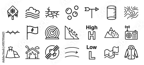 Extreme Weather and Meteorology Minimalist Monoline Outline Symbols for Professional Climate Mapping and Atmospheric Science Visualization
