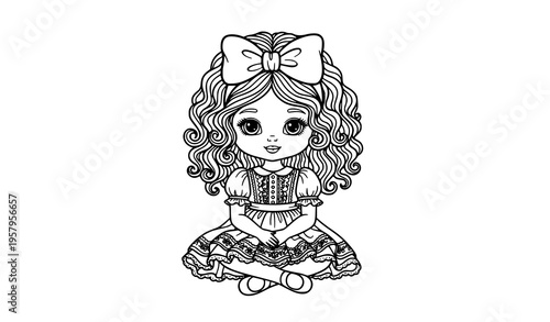 Cute sitting doll coloring page with curly hair bow and frilly dress line art for kids