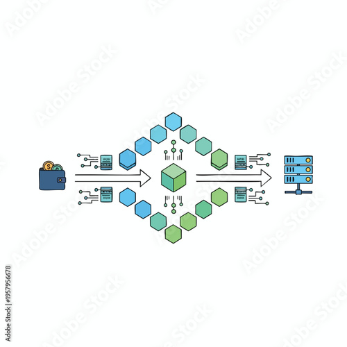 A schematic shows a wallet with coins flowing into a central cube and then to servers