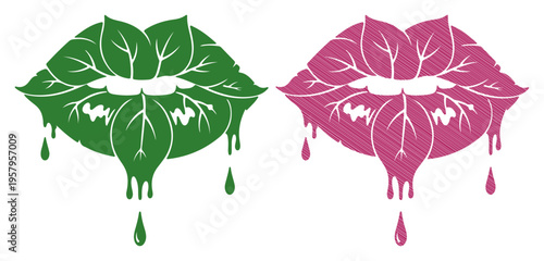 Vibrant lips formed from leaves with dripping dew symbolizing freshness and nature.