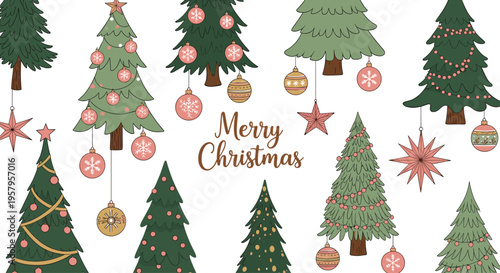 Christmas Tree Collection with Ornaments, Stars, and "Merry Christmas" Text in Festive Style