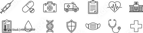 Medical Icon Set with Ambulance Syringe Mask and Healthcare Line Symbols