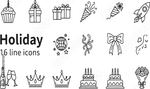 A collection of sixteen festive holiday line art icons for celebrations and special occasions