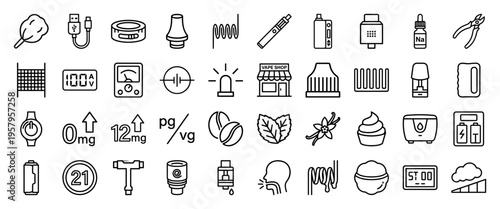 Vaping and Electronic Cigarette Technology Line Art Featuring Minimalist E-liquid Bottles, Mod Devices, and Maintenance Tools in Monoline Style