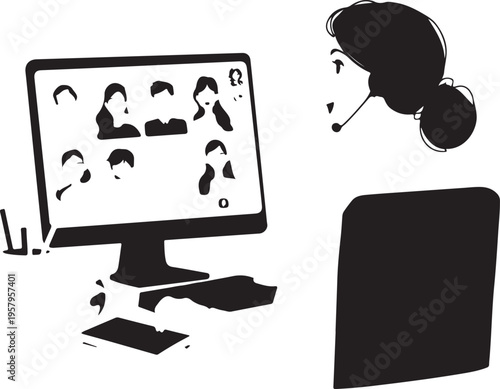 A silhouette illustration of a person participating in a virtual online video conference meeting