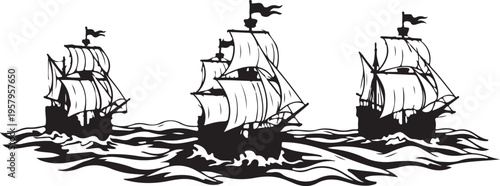 A black and white vector illustration showing a fleet of three vintage sailing ships on the ocean