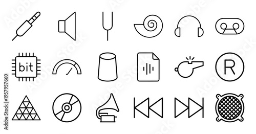 Audiology and Sound Perception Visual DNA: Minimalist monoline geometric line art for hearing health and audio engineering branding.