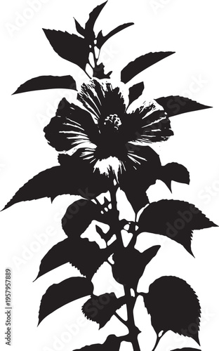 A high contrast black silhouette of a blooming hibiscus flower with detailed foliage and leaves