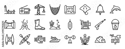 Maritime Logistics and Ocean Life Outline Symbols: Minimalist Monoline Geometric Line Art for Marine Industry and Navigation Interface Design.