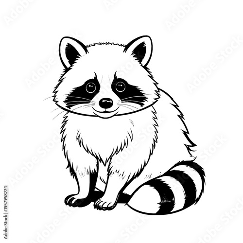 Black and white line art illustration of a cute raccoon sitting and looking forward, featuring its distinctive facial mask and striped tail.